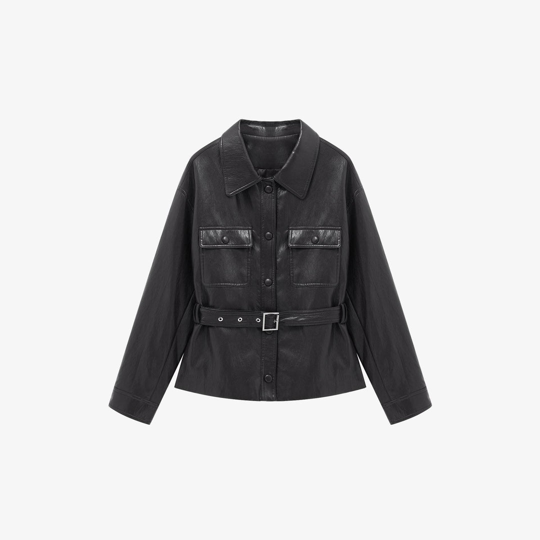 Damen Taillierter Utility-Lederblouson mit Bindegürtel und aufgesetzten Brusttaschen Echoarchiv