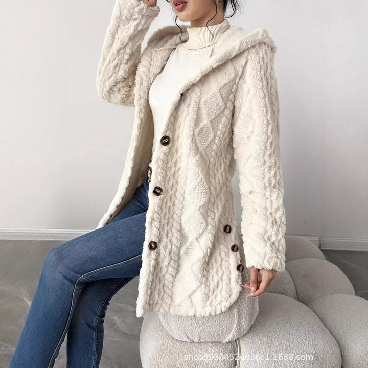 Damen Kapuzen‑Teddyjacke mit Knopfleiste und strukturierter Oberfläche Echo Archiv