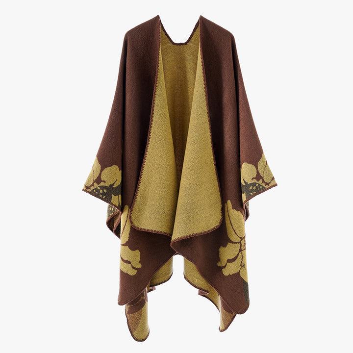 Damen Reversible Wollmix-Poncho mit floralem Jacquardmuster – Avérine