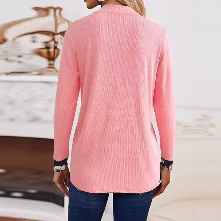 Damen Offener Longcardigan mit strukturierter Crinkle‑Optik und floralem Einsatztop – Veloura