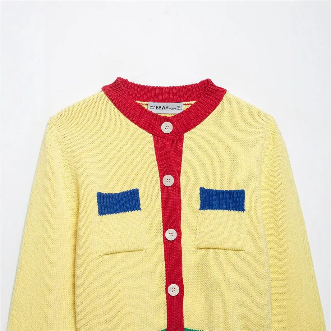 Damen Kurzer Grobstrick-Cardigan mit Kontrastblenden und Zierklappentaschen Echo Archiv
