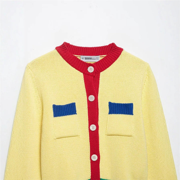 Damen Kurzer Grobstrick-Cardigan mit Kontrastblenden und Zierklappentaschen Echo Archiv