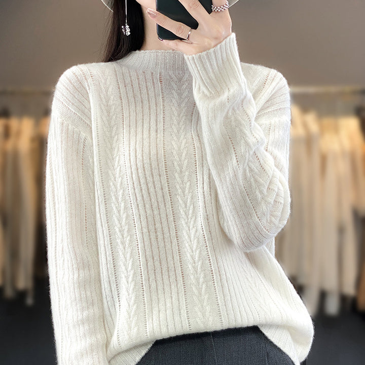 Damen Kaschmirähnlicher Feinstrick-Mockneckpullover mit Ajour‑Zopfmuster und lässiger Oversize‑Passform Echoarchiv
