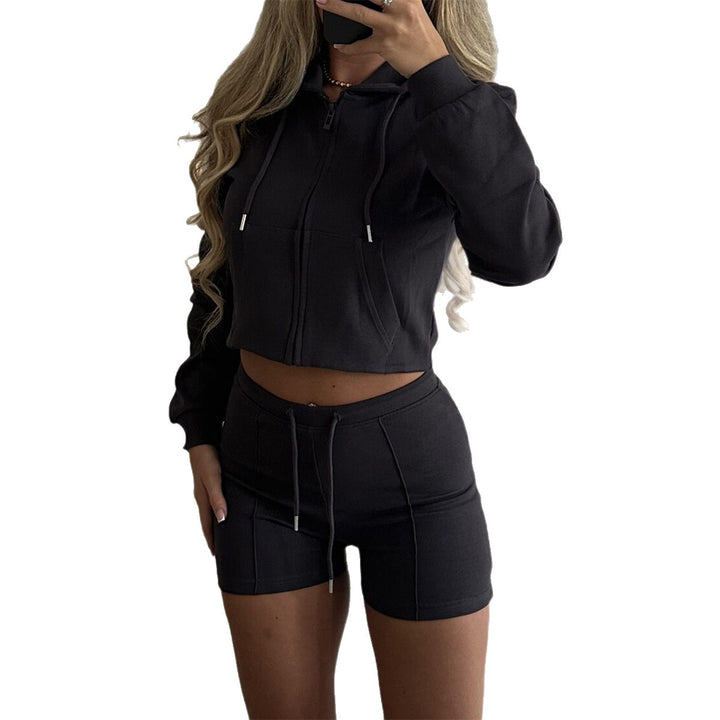 Damen lässiges Sweatshirt- und Short-Set mit dekorativen Schleifen-Applikationen, hohem Rundhalsausschnitt und Tunnelzugbund – Avérine