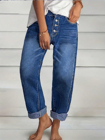 Damen High‑Waist Relaxed-Fit Jeans im Boyfriend-Stil mit Sichtbarer Knopfleiste und Aufgekrempeltem Saum Echo Archiv