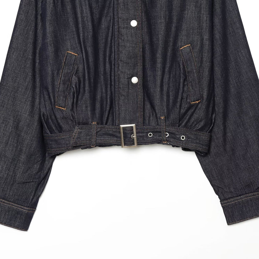 Damen Cropped Jeansjacke mit Taillengürtel, Stehkragen und Ballonärmeln Echoarchiv
