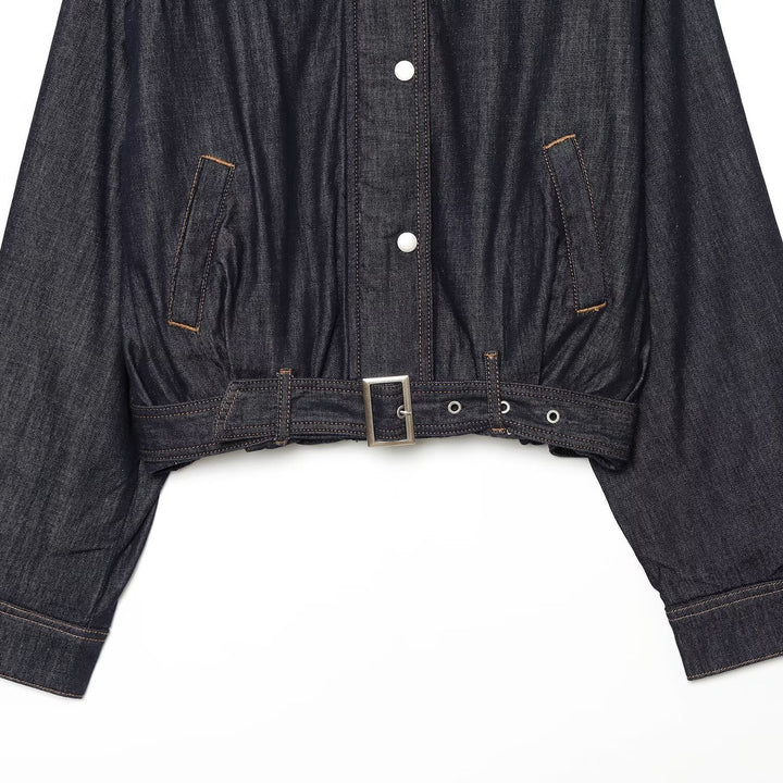 Damen Cropped Jeansjacke mit Taillengürtel, Stehkragen und Ballonärmeln Echoarchiv