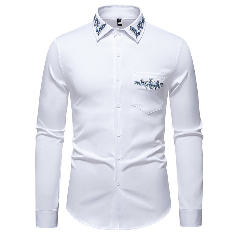 Herren Langarmhemd mit eleganter Blumenstickerei und modernem Kragen Echoarchiv