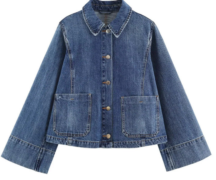 Damen Kurzer Boxy-Jeansblouson mit oversized Manschetten und aufgesetzten Taschen Echo Archiv