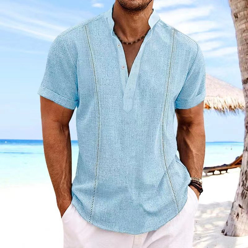 Herren Elegantes Kurzarmhemd mit modernem Stehkragen und feiner Knopfdetails Echoarchiv