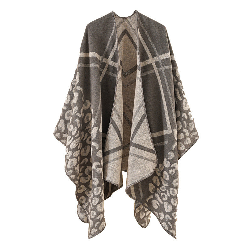 Damen Oversize-Ruana-Poncho mit Jacquardmix, Leoparden- und Karomuster Echo Archiv