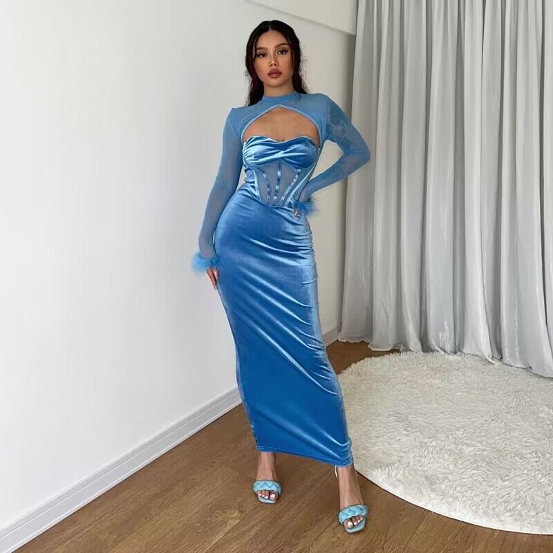 Damen figurbetontes Samt-Maxikleid mit Corsagen-Bustier und transparentem Mesh-Oberteil – Valéora