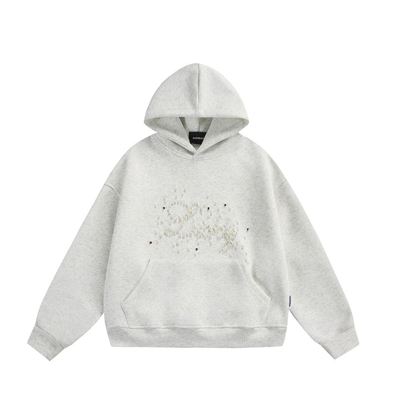 Unisex Oversize Kapuzenpullover mit Perlen‑ und Strassapplikation Echoarchiv