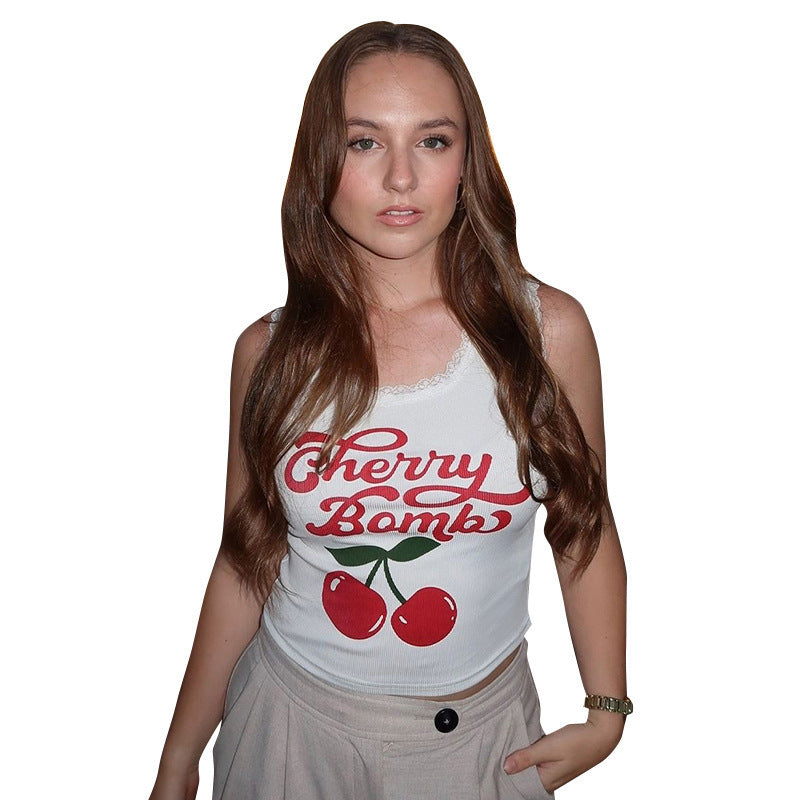 Damen lässiges Crop-Top mit charmantem Spitzenrand und fröhlichem Print Echo Archiv