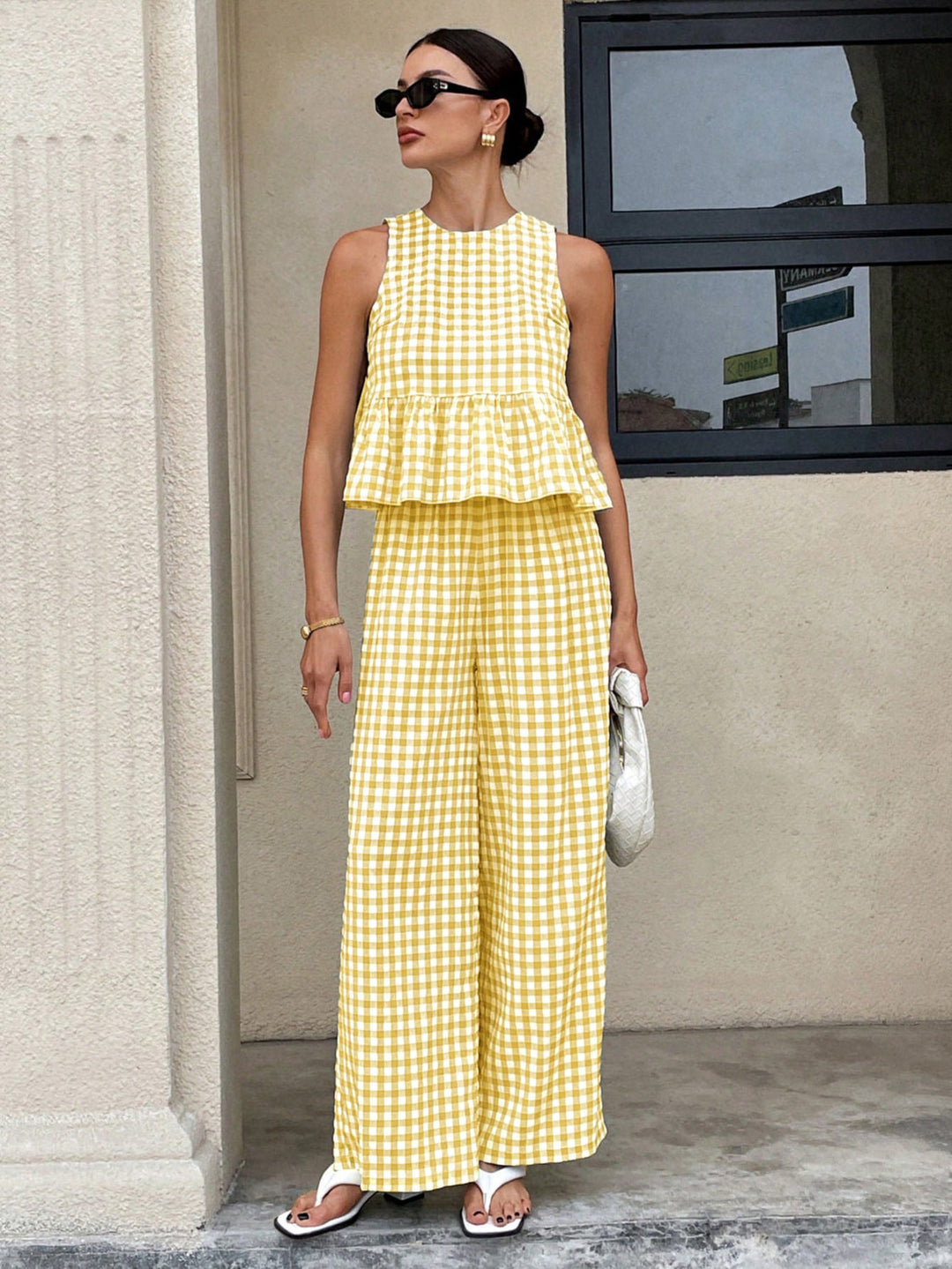 Damen Zweiteiliges Vichy-Karo-Set mit tailliertem Volanttop und weiter Palazzo-Hose Echo Archiv