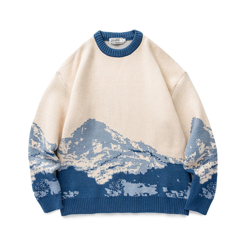 Unisex Oversize-Strickpullover mit Bergjacquard und geripptem Rundhalsausschnitt Echo Archiv
