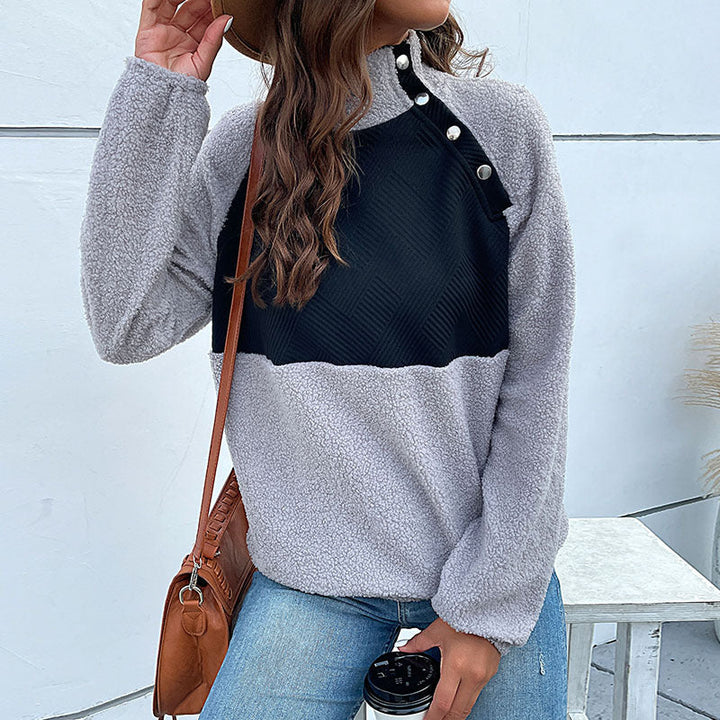 Damen Kuscheliger Teddy‑Fleece‑Pullover mit gesteppter Brustpatte, Stehkragen und Druckknopfleiste Echoarchiv