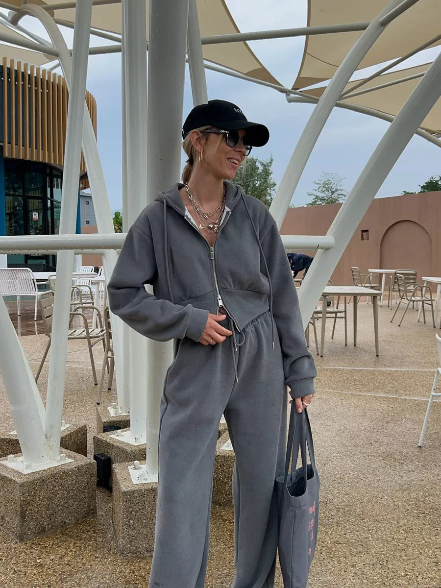 Damen Kurzgeschnittenes Zip-Hoodie mit Kordelzug‑Taille und weiter Palazzo‑Jogginghose – Auréline