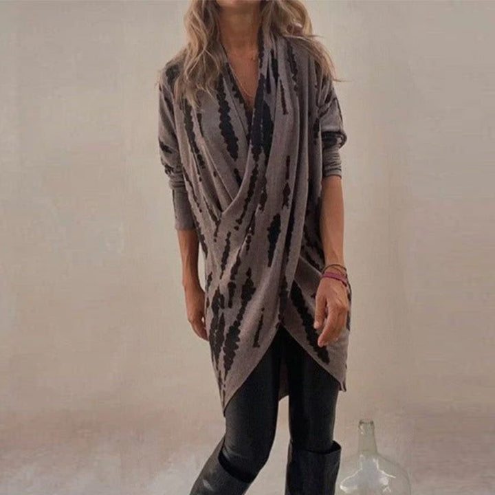 Damen drapierter Strickcardigan mit Wickeloptik, weichem Fall und abstraktem Muster Echoarchiv