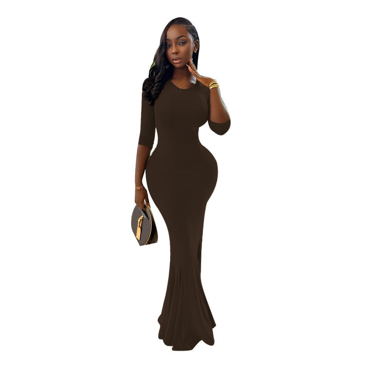 Damen figurbetontes Maxikleid mit Trompetensaum und Dreiviertelärmeln – Avérine