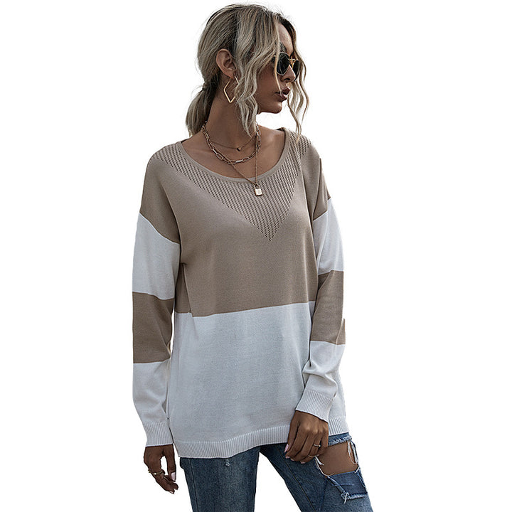 Damen Lässiger Strickpullover mit V-Ausschnitt und Farbblock Echo Archiv
