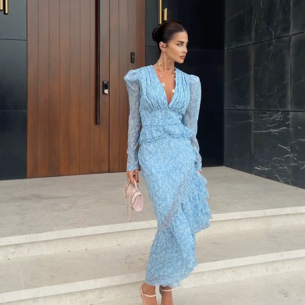 Damen Chiffon-Maxikleid mit V‑Ausschnitt, Puffärmeln und Beinschlitz Echoarchiv