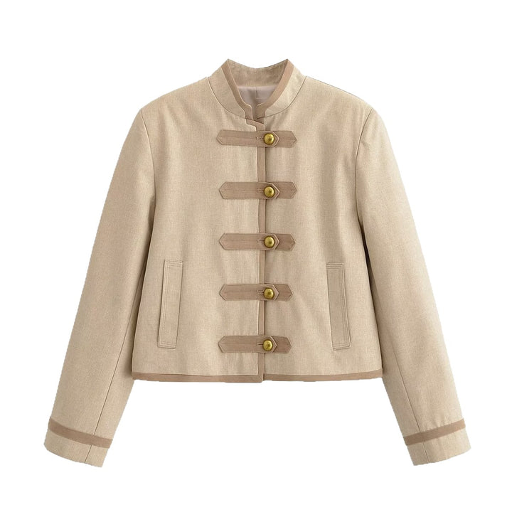 Damen Kurze Militärinspirierte Jacke mit Stehkragen und Zierknebelverschluss Echo Archiv