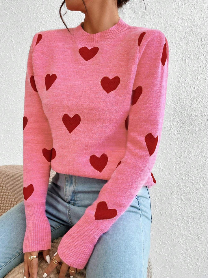 Damen nan kaschmirähnlicher Feinstrickpullover mit Allover-Herzmotiv, Rundhalsausschnitt und verlängerten Bündchen Echo Archiv