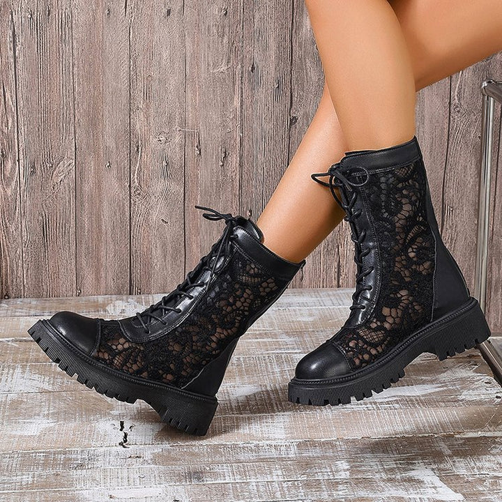 Damen Schnürstiefel mit Spitzeneinsätzen, robuster Profilsohle und Lederoptik Echoarchiv