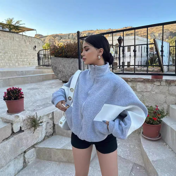 Damen Kurz geschnittener Stehkragen-Reißverschluss-Hoodie im Colorblock-Sportstyle Echoarchiv