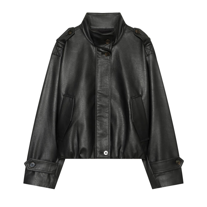 Damen Cropped Kunstleder‑Blousonjacke mit Funnelkragen, Epauletten und elastischem Saum Echo Archiv