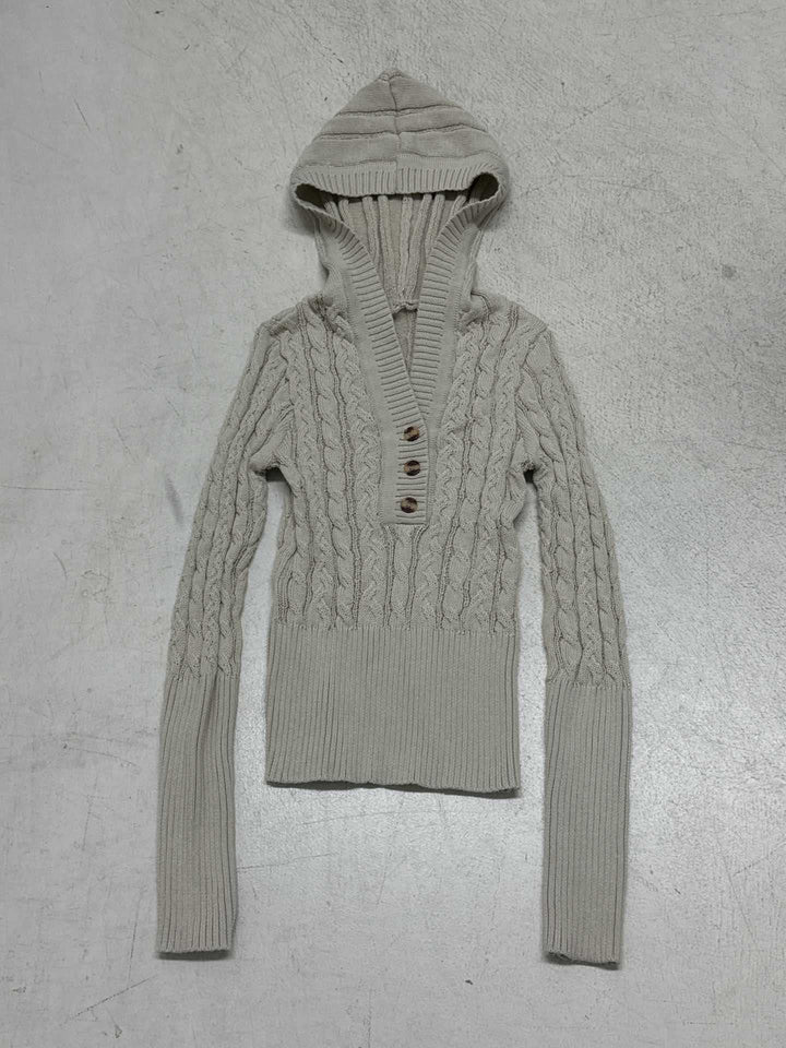 Damen Feinstrick-Pullover mit Zopfstrick, V‑Kragen mit Knopfleiste und breitem Rippbund Echo Archiv