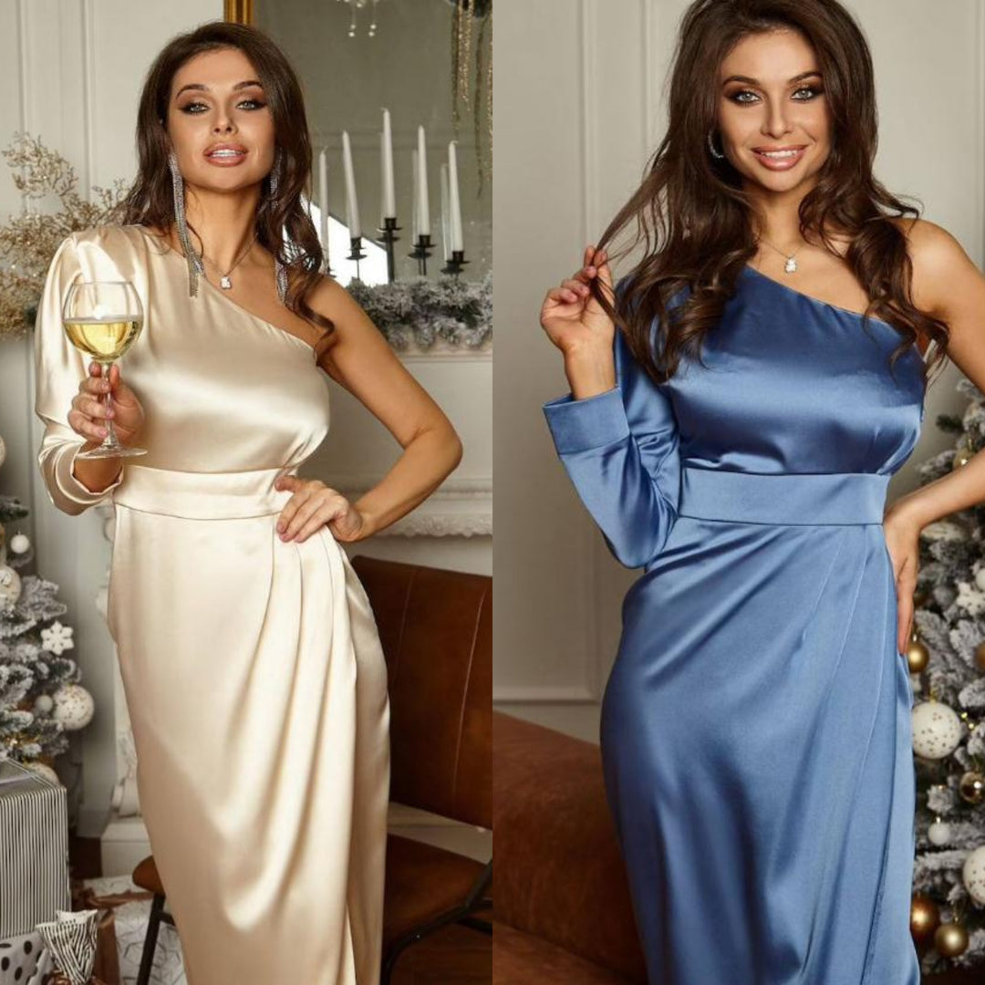 Damen Satin Abendkleid mit asymmetrischem Ausschnitt und eleganter Drapierung Echo Archiv