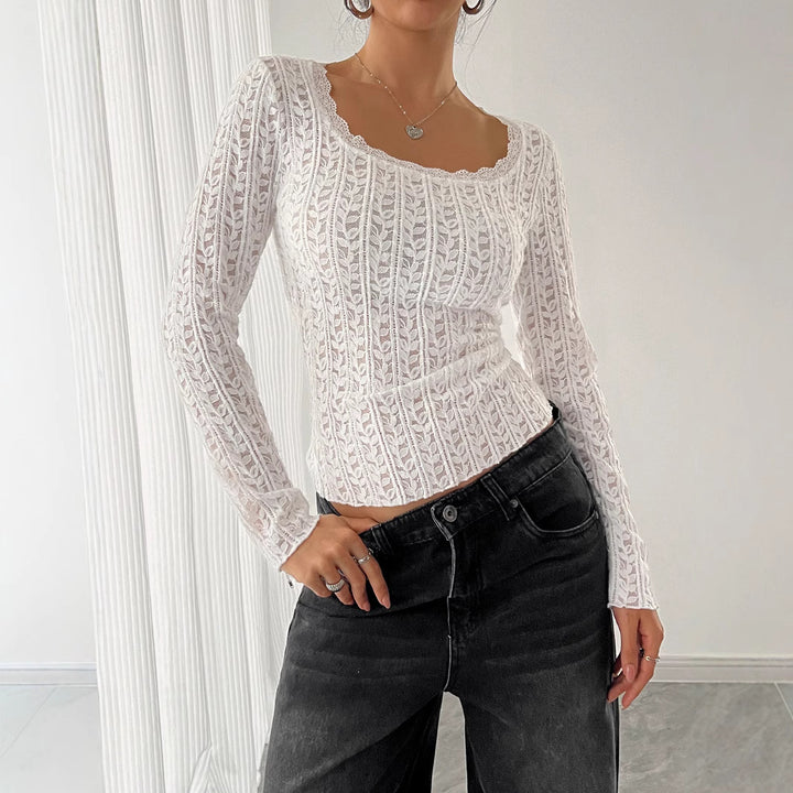 Damen nan figurbetontes Spitzen-Ajour-Langarmshirt mit Quadratausschnitt Echo Archiv