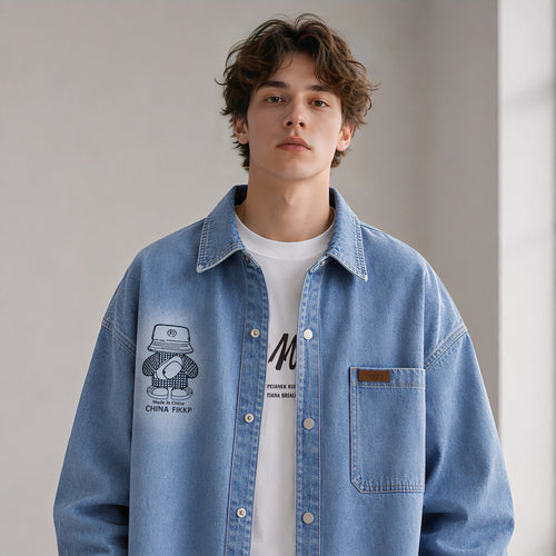 Herren Oversized Denim-Hemdjacke im Relaxed-Worker-Style mit Brusttasche und Druckknöpfen Echoarchiv