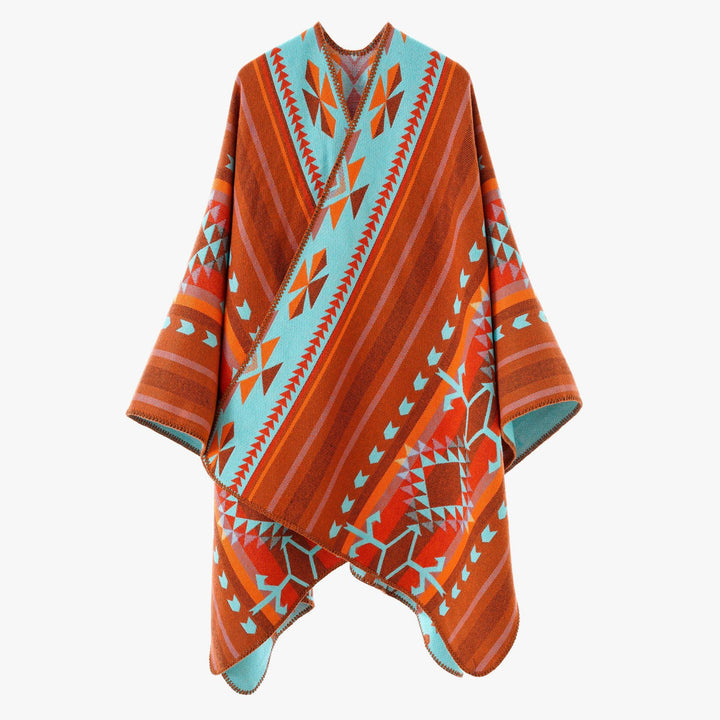 Damen Weicher Jacquard‑Strickponcho mit geometrischem Muster und Ziernaht Echo Archiv