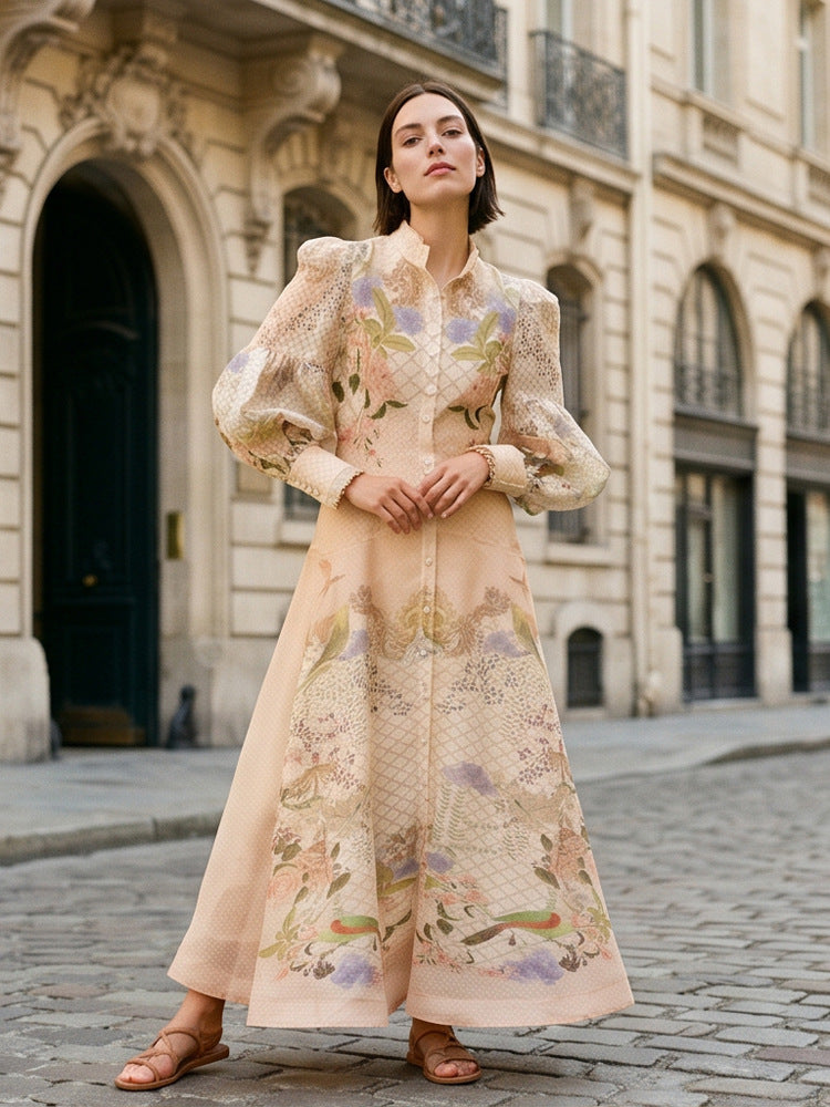 Damen Maxikleid mit floralem Druck, durchgehender Knopfleiste und voluminösen Puffärmeln Echoarchiv