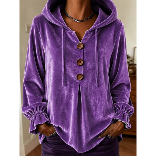 Damen Samt-Hoodie mit Holzknopfblende, Tunnelzug und gerafften Ärmeln – Auréline