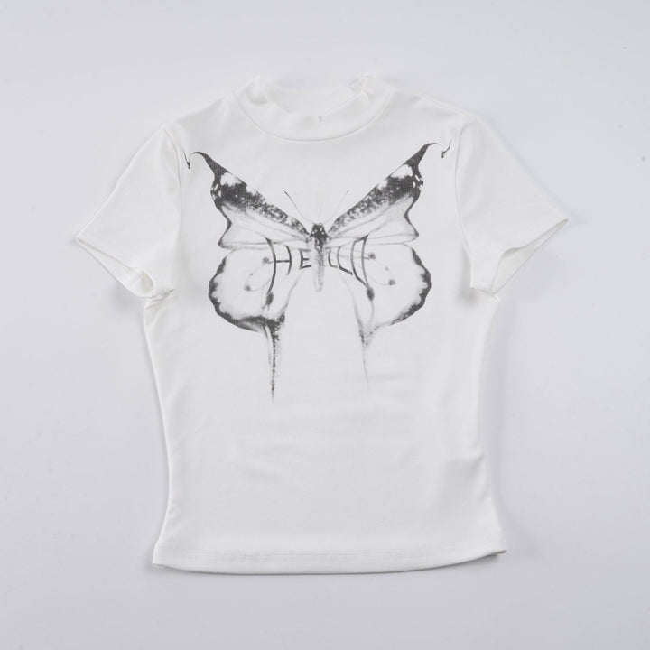 Damen figurbetontes Kurzarmshirt mit exklusivem Schmetterlings-Print Echo Archiv