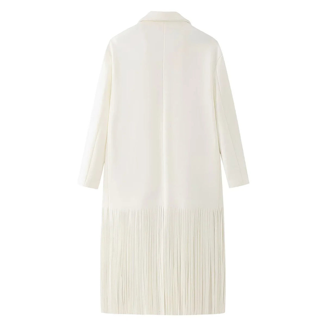 Damen langer Fransen‑Mantelblazer mit Plissee‑Saum, Reverskragen und Pattentaschen – Célinea