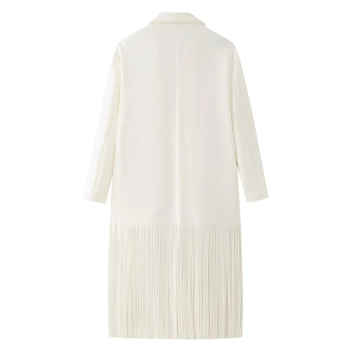 Damen langer Fransen‑Mantelblazer mit Plissee‑Saum, Reverskragen und Pattentaschen – Célinea