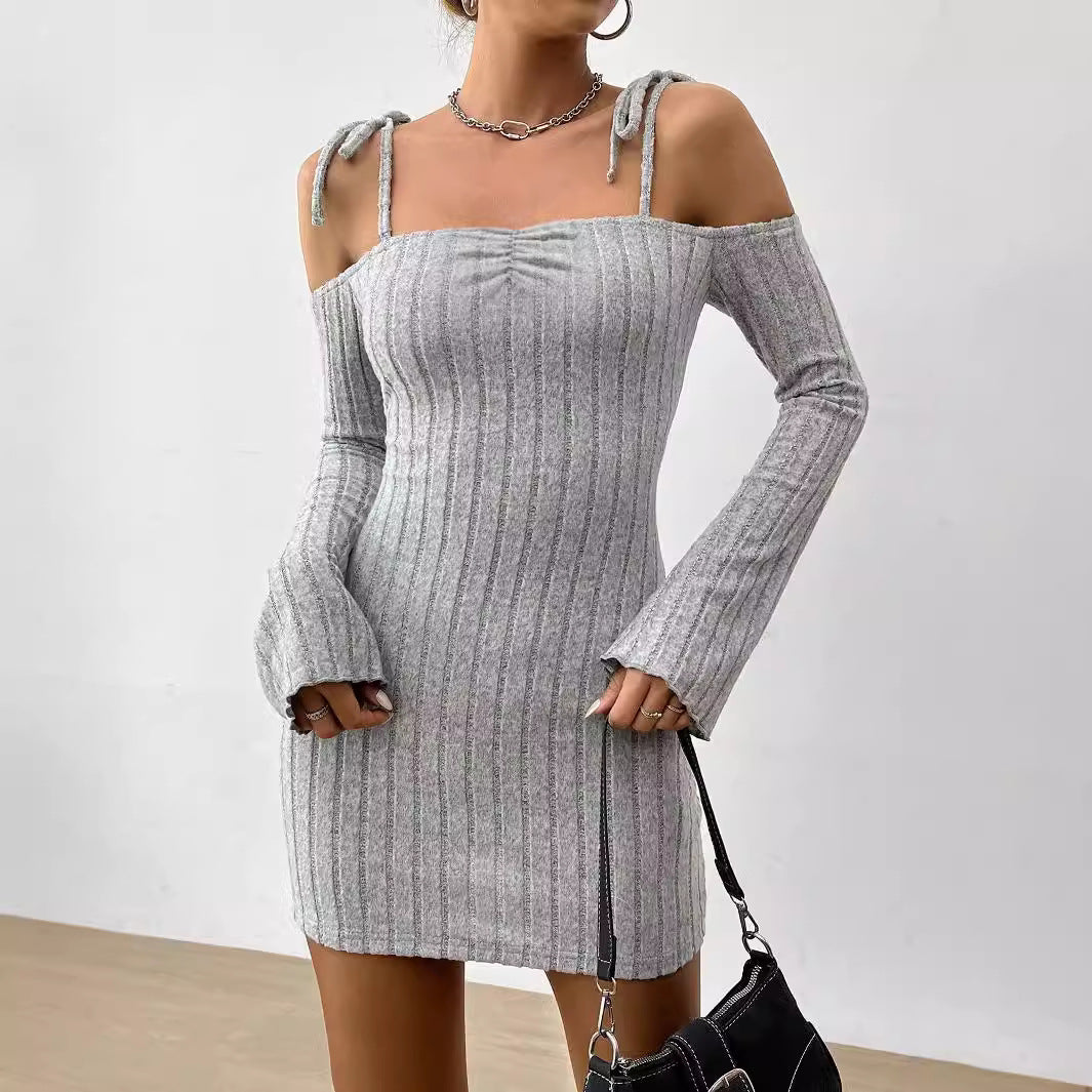 Damen geripptes One-Shoulder-Strickminikleid mit Bindeträgern taillierter Bodycon-Passform – Élara