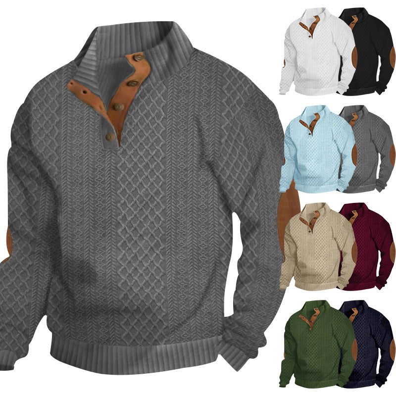 Herren Strickpullover mit innovativem Stehkragen und modernen Lederapplikationen Echoarchiv