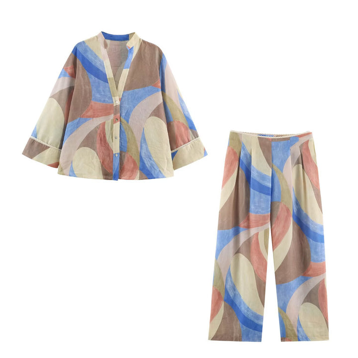 Damen Weite Palazzohose mit abstraktem Aquarellprint und elastischem Bund Echo Archiv