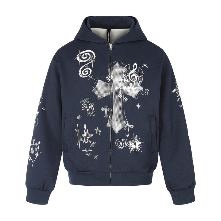 Unisex Bedruckte Kapuzen‑Zipjacke im lässigen Boxy‑Cut mit durchgehendem Reißverschluss Echoarchiv