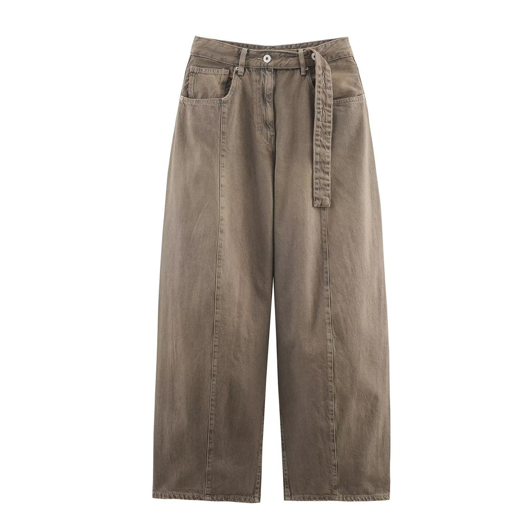 Damen Weite hochtaillierte Culotte-Hose mit Ziernaht, aufgesetzten Taschen und Bindegürtel Echo Archiv
