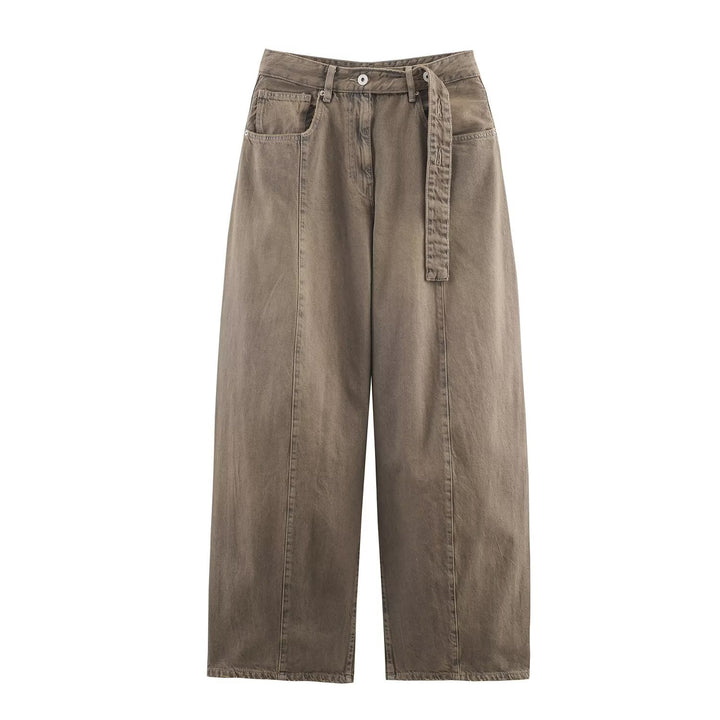 Damen Weite hochtaillierte Culotte-Hose mit Ziernaht, aufgesetzten Taschen und Bindegürtel Echo Archiv