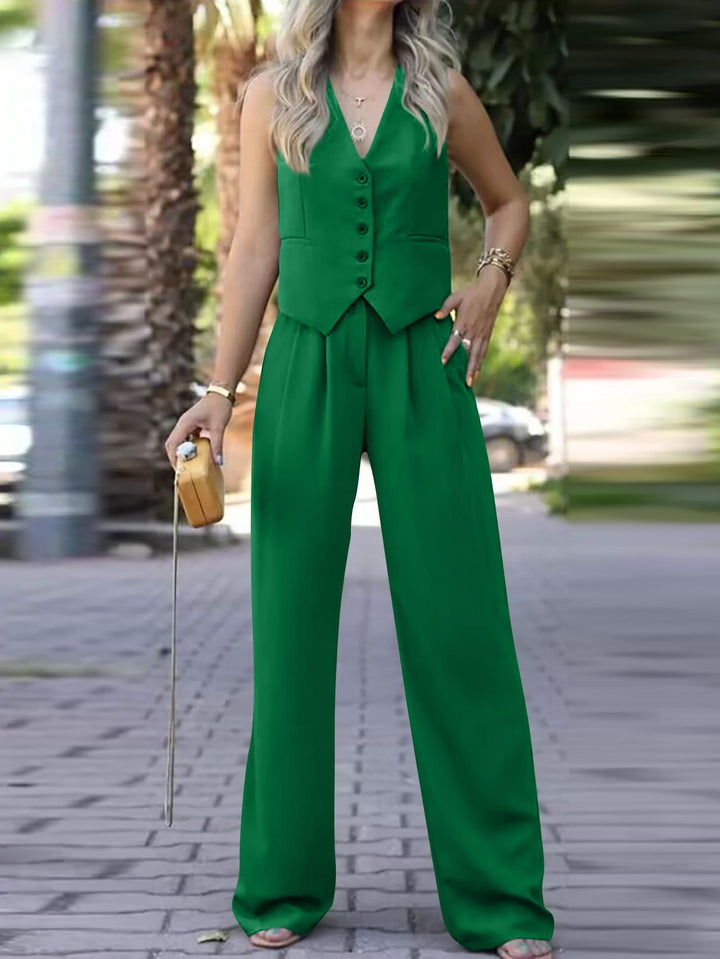 Damen Eleganter Zweiteiler mit taillierter Weste und weiter Palazzo-Hose – Célinea