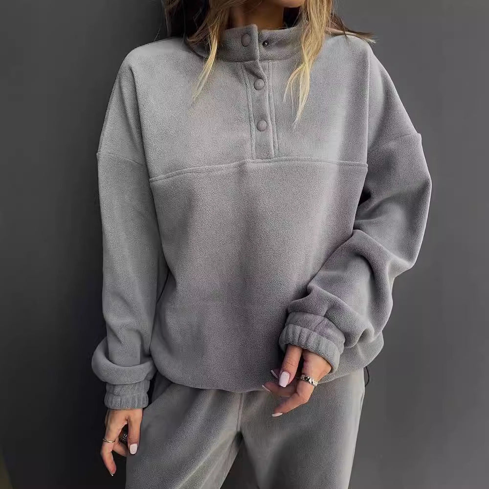 Damen Oversize-Fleece-Set mit Henley-Kragen und weicher Jogginghose Echoarchiv