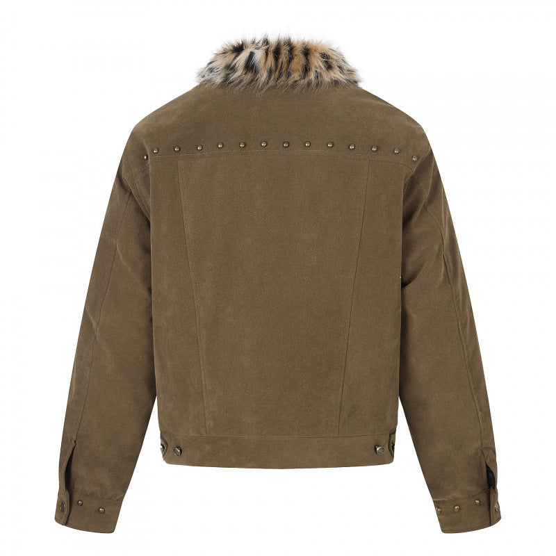 Herren Kurzjacke aus Velourslederimitat mit Kunstfellkragen und Nieten-Details Echo Archiv